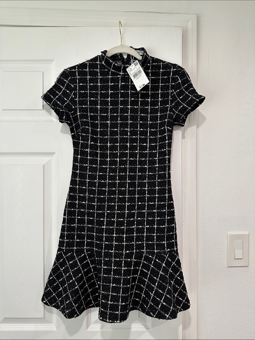 Mango Black & White Windowpane Knit Fit-and-Flare Dress